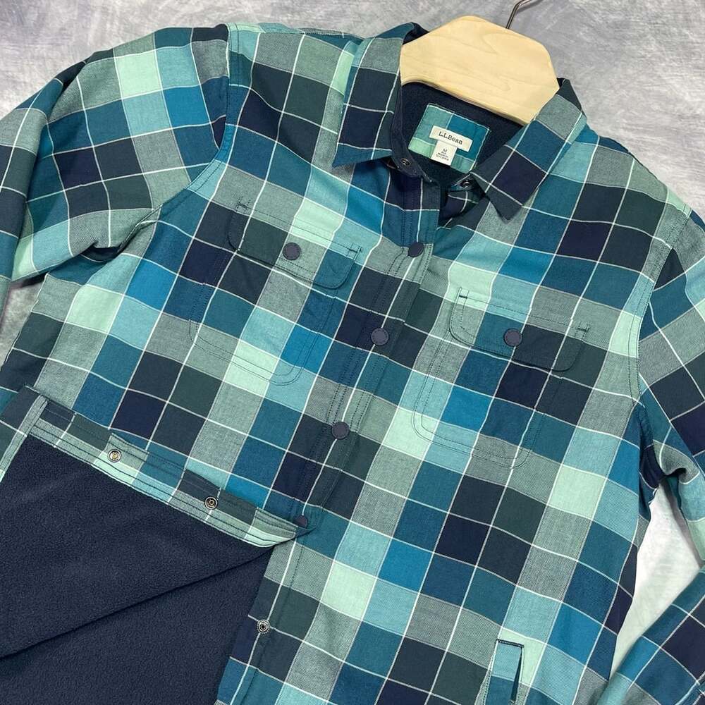 L.L.Bean Plaid Fleece-Lined Shacket Size M Blue Green Checkered